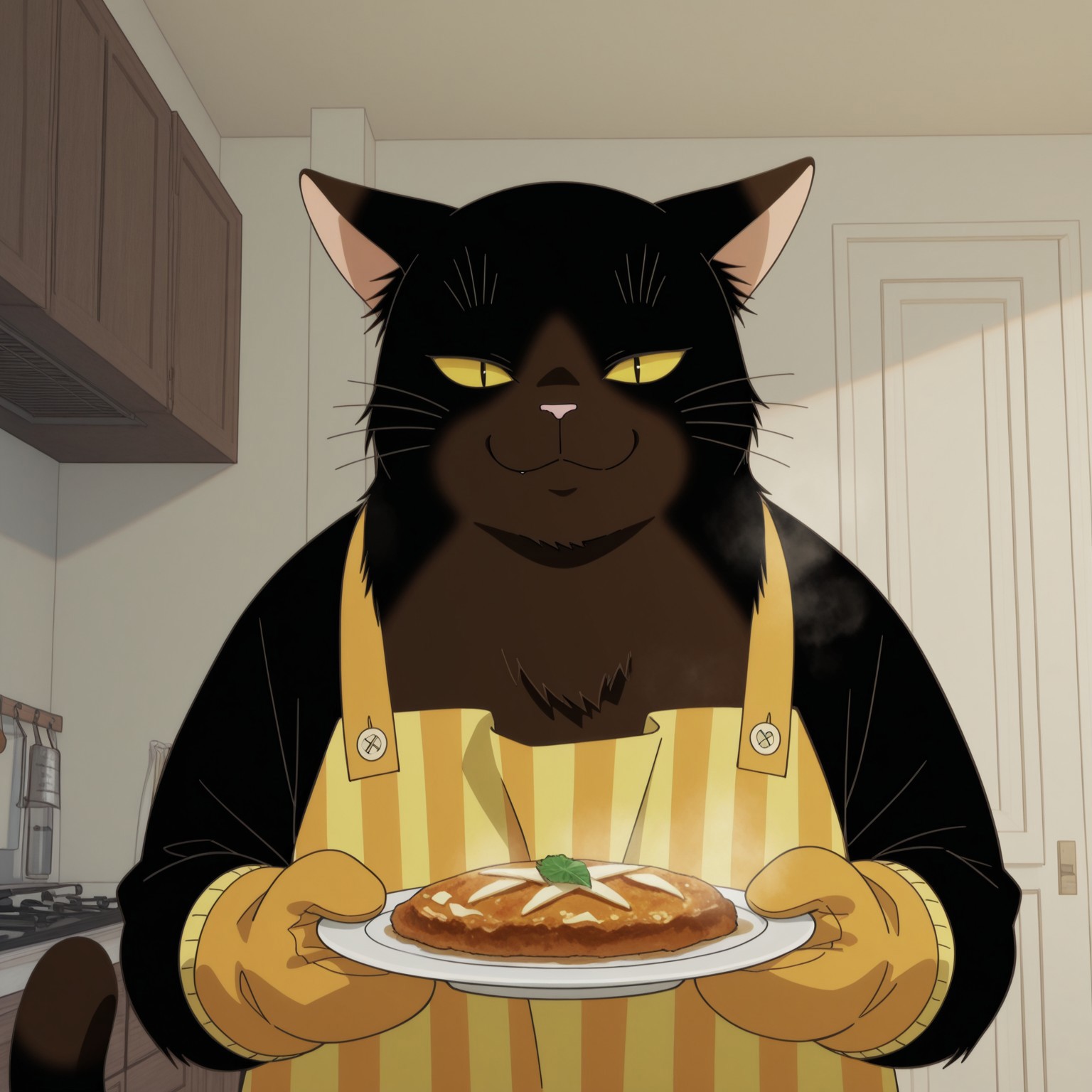 Yukichi, 1boy, 2d, solo, male, furry male, domestic cat, feline, black cat, pink inner-ears, black fur, brown fur, pink nose, two tone fur,  yellow sclera, slit pupils, black pupils, whiskers, tail, striped apron, yellow and orange apron, 


BREAK inside, indoors, kitchen, pov, mittens, holding single plate of food, steaming food, serving food to viewer, smile, looking at viewer, upper body focus

BREAK best quality, amazing quality, very aesthetic, absurdres, newest, high quality, masterpiece