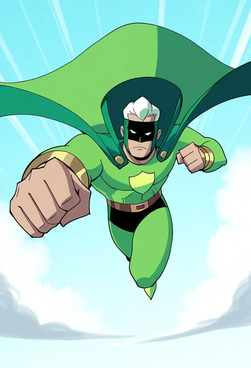 solo, best quality, masterpiece, (greenguardsman), green cape, shield ring, clenched fist, serious, looking at viewer, shield symbol, outdoors, flying, sky