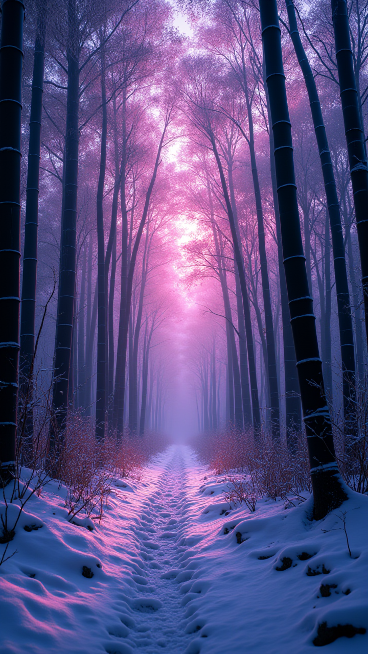 Fantastical, A over the shoulder shot of a bamboo shoot, with ambient light images and dark pink colors. The camera zooms in on the Snow of the trees, aidmaMJ6.1