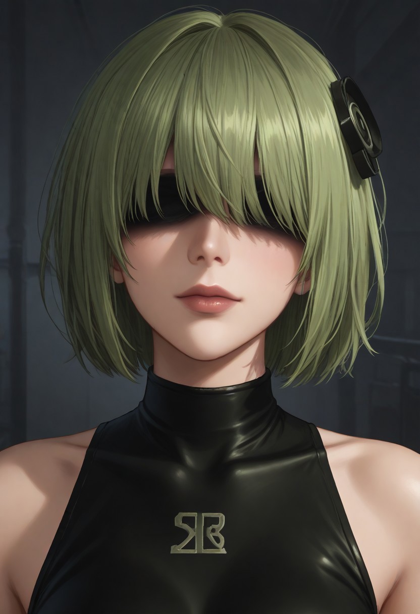 1girl, solo, solo focus, highres, absurdres, CL_Dummy, short hair, long bangs, hair over eyes, light green hair, lipstick, shiny lips, brown lips, circle hair ornament, covered eyes,   
black leotard,
looking at viewer, head tilt, light smile, closed mouth, close-up, face focus,
factory, industrial pipe, stasis tank, dark,