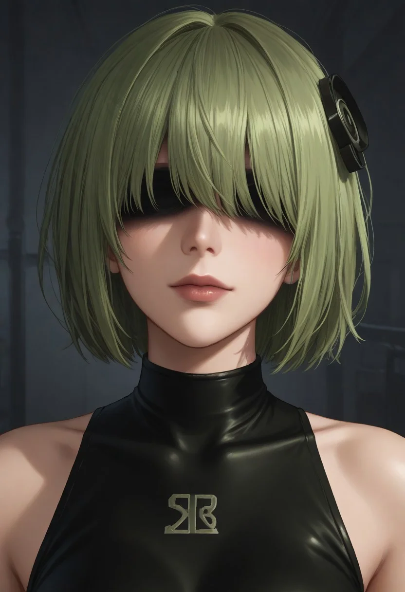 1girl, solo, solo focus, highres, absurdres, CL_Dummy, short hair, long bangs, hair over eyes, light green hair, lipstick, shiny lips, brown lips, circle hair ornament, covered eyes,
black leotard,
looking at viewer, head tilt, light smile, closed mouth, close-up, face focus,
factory, industrial pipe, stasis tank, dark,