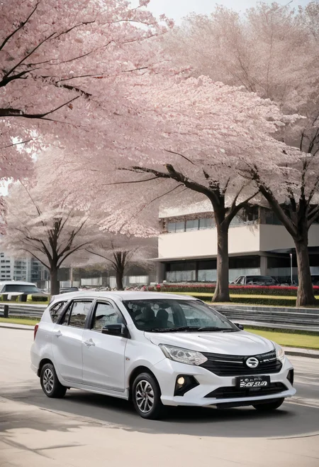 high resolution, best quality, Car, Daihatsu Sigra, City park, cherry blossoms, springtime,