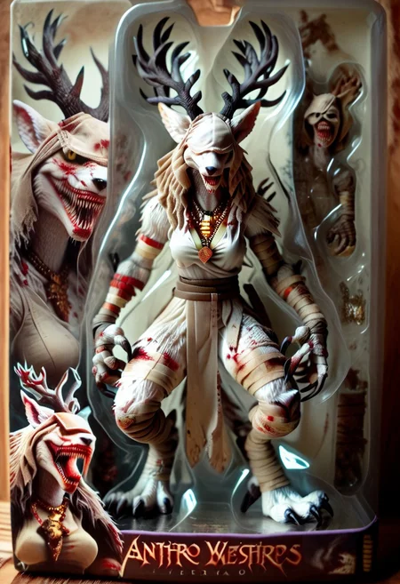 score_9, score_8_up, score_8, toy packaging, action figure, t4n4,1girl, bbvicamelia, white fur, sharp teeth, claws, paws, digitigrade, golden pendant necklace, bloody bandages,