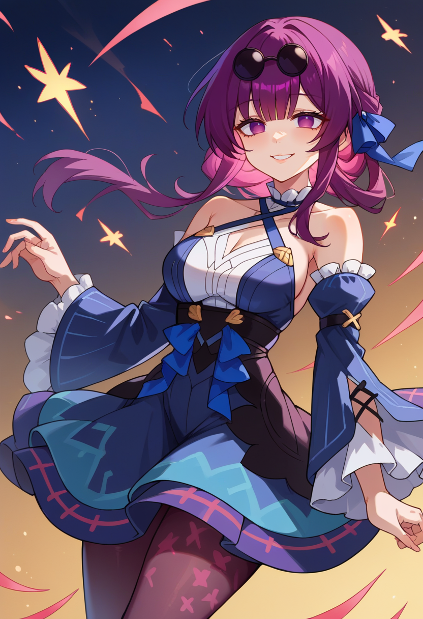 score_9, score_7_up, source_anime, solo, come hither, smile, cowboy shot, BREAK   <lora:kafka_pd_t4:1> kafkapd, no pupils, bangs, purple hair, purple eyes,  eyewear on head,, hair ribbon, frilled choker, criss-cross halter, sleeveless dress, high-waist skirt, backless dress, blue dress, waist blue bow, detached sleeves, frilled sleeves, wide sleeves, blue sleeves, black pantyhose, patterned legwear, pinstripe pantyhose, mary janes, layered dress,