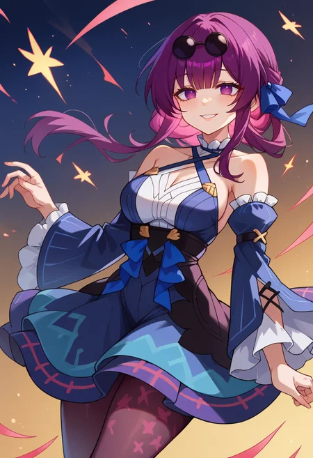 score_9, score_7_up, source_anime, solo, come hither, smile, cowboy shot, BREAK <lora:kafka_pd_t4:1> kafkapd, no pupils, bangs, purple hair, purple eyes, eyewear on head,, hair ribbon, frilled choker, criss-cross halter, sleeveless dress, high-waist skirt, backless dress, blue dress, waist blue bow, detached sleeves, frilled sleeves, wide sleeves, blue sleeves, black pantyhose, patterned legwear, pinstripe pantyhose, mary janes, layered dress,