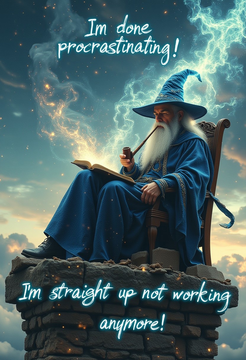 An old wizard with a long white beard, wearing a classic pointed wizard hat, sits comfortably in a wooden chair on top of his stone wizard tower. He leisurely smokes a pipe, with magical smoke swirling in the air around him, creating faint glowing shapes. The tower’s top is high above the clouds, and a vast sky stretches out in the background, giving the scene a tranquil, isolated vibe. At the top of the image, large whimsical text reads: "I'm done procrastinating!" Further down, near the bottom-middle of the image, text in a similar whimsical style reads: "I'm straight up not working anymore!" The text is a key focal point, blending humorously into the laid-back, magical atmosphere. aidmaMJ6.1, hkmagic