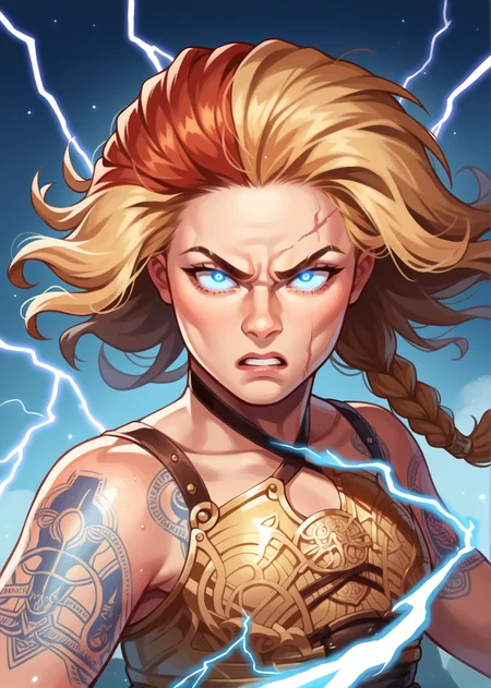 woman, 2d, digital art, masterpiece <lora:Thrúd_Thorsdóttir:1> thrud, 1girl, braid, runic tattooos, action pose, bending forard, looking at the viewer, hair on wind, Lightning in the background, ((glowing eyes)) angry, motion blur, lightning powers around the body, Scars <lora:sinfully_stylish_PONY_0.2:0.7> dramatic lighting, red and blonde hair, score_9, score_8_up, score_7_up, score_6_up, score_5_up, score_4_up