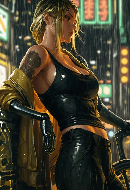 gwe1z, 1girl, rain, braid, solo, breasts, mechanical arms, tattoo, long hair, blurry, tank top, cleavage, blurry background, prosthetic arm, neon lights, pants, outdoors, prosthesis, single mechanical arm, midriff, jacket, blonde hair, night, lips, hair over shoulder, black pants, ground vehicle, wet, detailed-lighting, masterpiece, masterfully drawn, amazing quality, best quality, very aesthetic, illustration, crisp-image, latest, <lora:d29f3ad3-7d90-4457-b76d-a3f076aa876e:0.9>