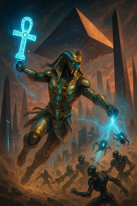 A futuristic Egyptian warrior leaps through the air in a dynamic pose, mid-battle against an army of rogue AI constructs. Their armor is a sleek fusion of gold nanometal and holographic hieroglyphs, glowing with ancient power. A high-tech ankh pulses with blue plasma energy in one hand, while the other channels a beam of scarab-like drones. Behind them, a colossal pyramid-shaped starship hovers above a neon-lit desert city, casting angular shadows across towering obelisks made of obsidian and glass. Dust and energy swirl dramatically in the air. Style: cyberpharaoh aesthetic, ultra-detailed, cinematic sci-fi, glowing tech motifs, movement blur, richly textured, Moebius meets Dune 
