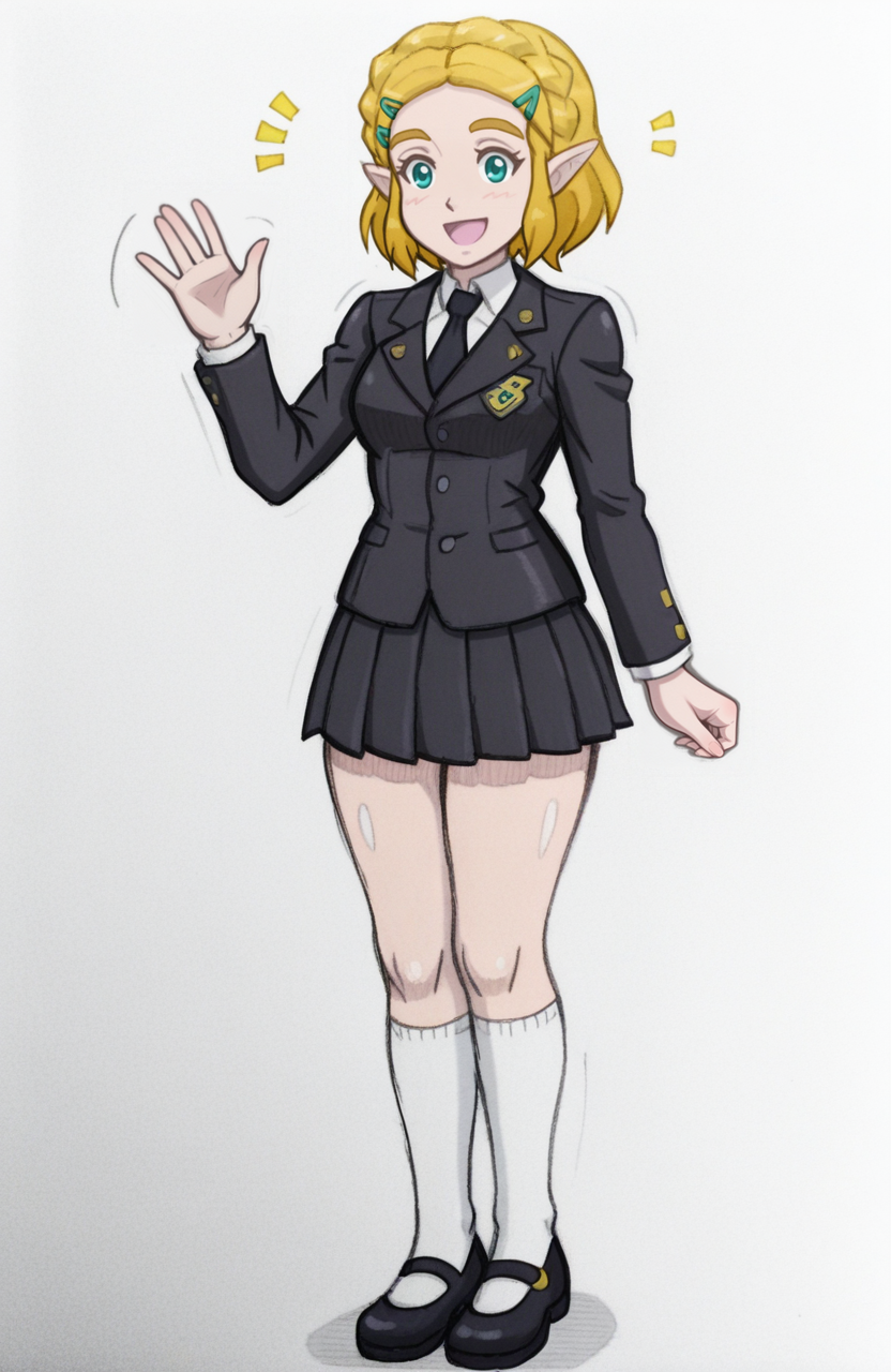 1girl, solo, latex, school uniform, collared shirt, necktie, pleated skirt, knee socks, mary janes, formal, standing, one hand waving, joyful laugh, bright expression, carefree energy, <lora:Zelda-IL-v2:0.5>, ChopioZelda, blonde hair, aqua eyes, pointy ears, short hair, crown braid, sidelocks, parted bangs, hairclip,
 <lora:SnidelyOne:1> snidley, traditional media, sketch, hatching \(texture\), colored pencil \(medium\), , extremely detailed, highres, masterpiece, best quality