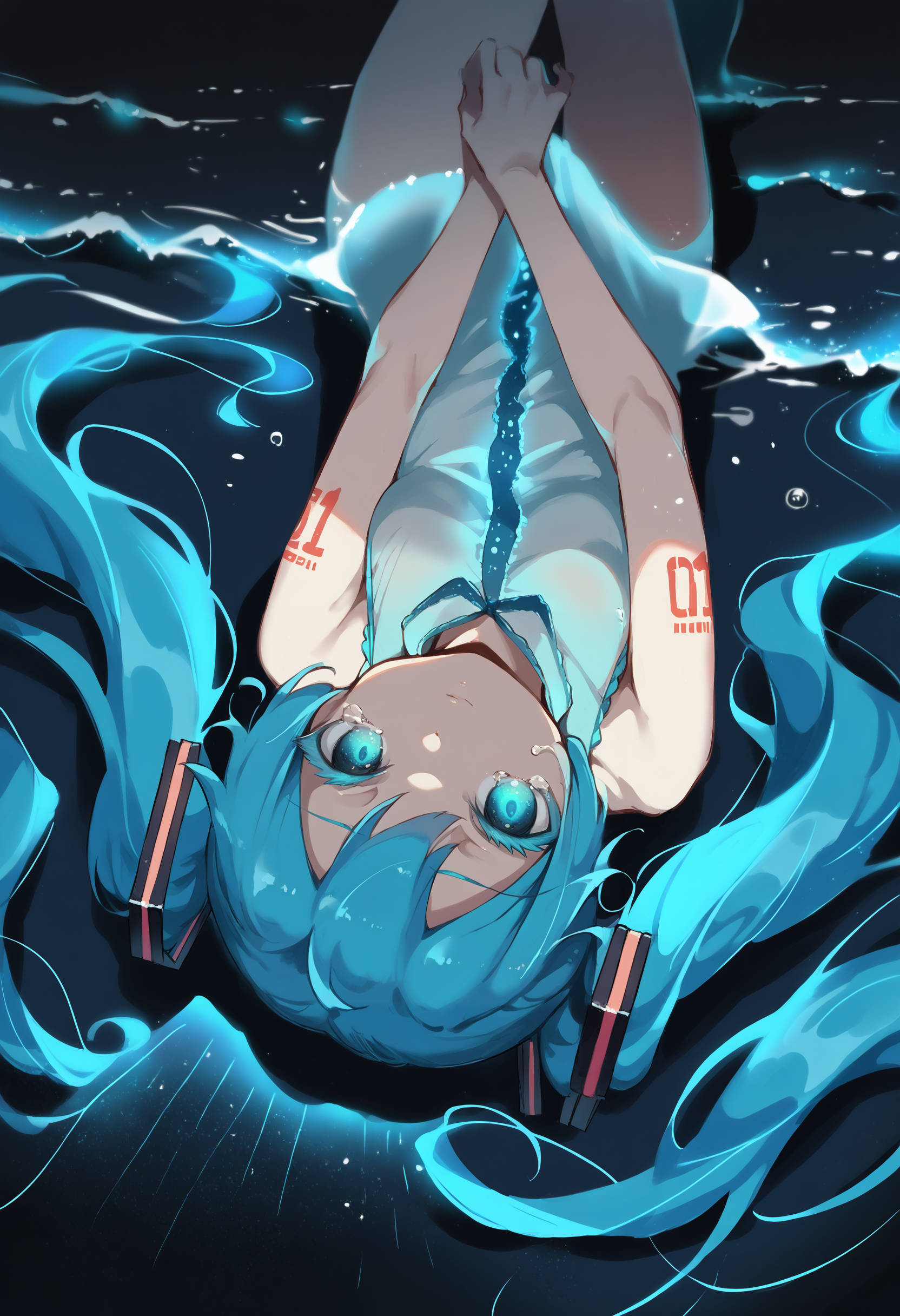 score_9, score_8_up, score_7_up, score_6_up, source anime, dark theme, black background,
bioluminescence, phytoplankton, ocean, waves, 1girl, partially submerged, bottomless, aqua eyes, cyan glow, glowing, glowing eyes, see-through shirt, sleeveless,
crying with eyes open, looking at viewer, expressionless, colored eyelashes, jirai kei,
hatsune miku, twintails, on back, from above,
masterpiece, best quality, very aesthetic, absurdres
<lora:bioluminescence_monmusu_v15:1>