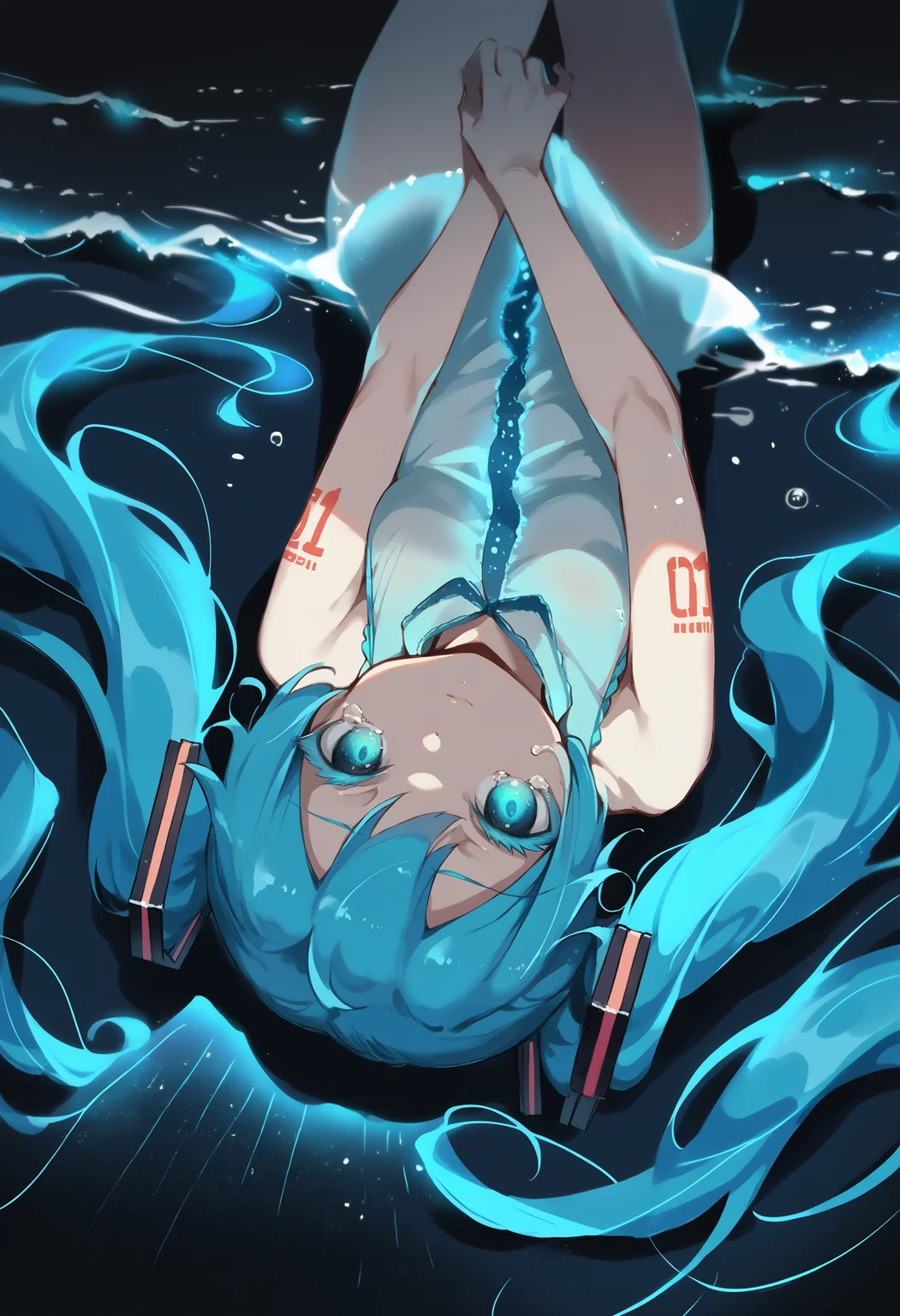 score_9, score_8_up, score_7_up, score_6_up, source anime, dark theme, black background,
bioluminescence, phytoplankton, ocean, waves, 1girl, partially submerged, bottomless, aqua eyes, cyan glow, glowing, glowing eyes, see-through shirt, sleeveless,
crying with eyes open, looking at viewer, expressionless, colored eyelashes, jirai kei,
hatsune miku, twintails, on back, from above,
masterpiece, best quality, very aesthetic, absurdres
<lora:bioluminescence_monmusu_v15:1>