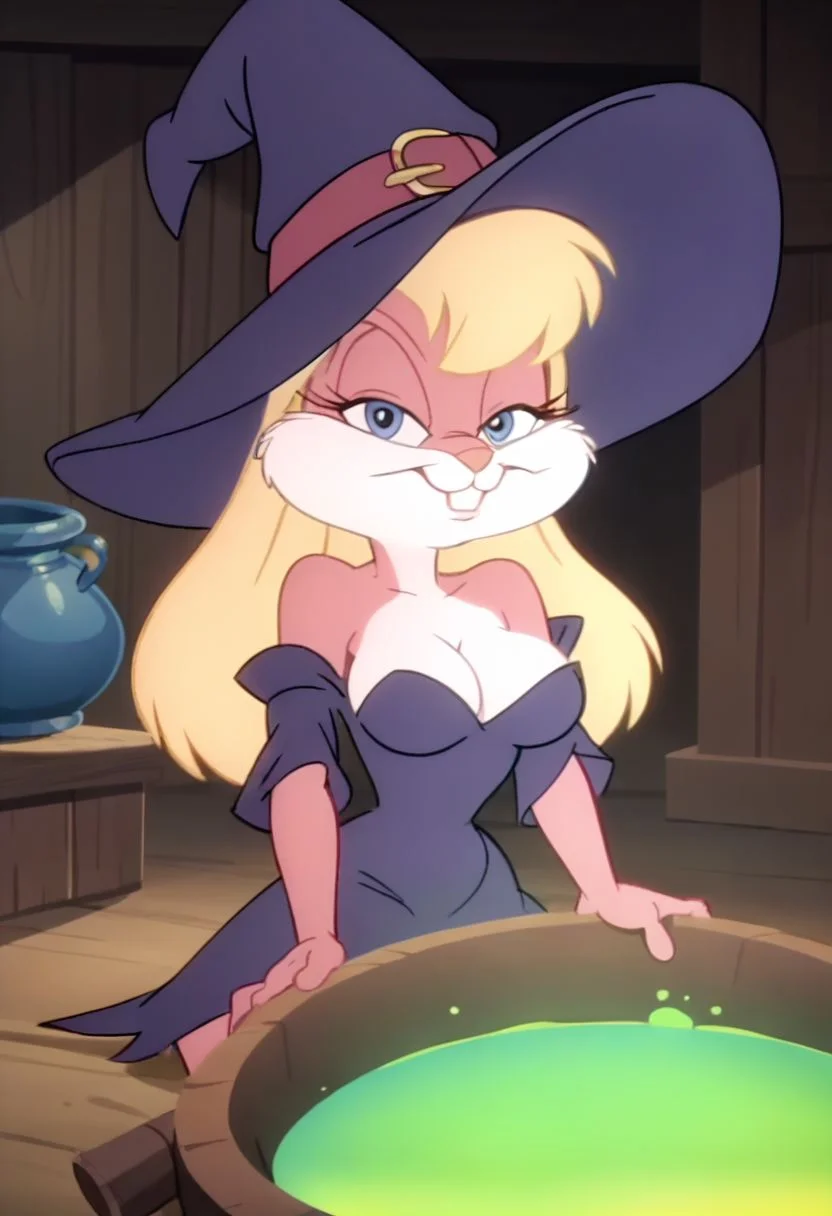 (source_furry, source_cartoon, score_9, score_8_up, score_7_up:1), screencap, solo female, 1girl, bunny, blonde hair, bangs, breasts, cleavage, witch, hat, cauldron, looking at viewer, indoors