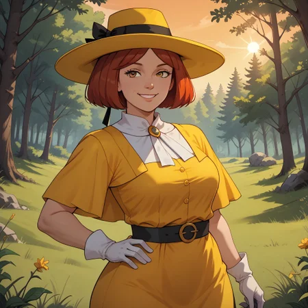 score_9, score_8, BREAK, 1girl, solo, Madeline, yellow hat with a black hair bow, yellow dress, white gloves, red hair, adult female, mature female, breasts, sexy pose, self portrait, smile, outdoors, sunlight, shadows, evening lighting, natural lighting, forest, trees, grass, orange sky, sunset