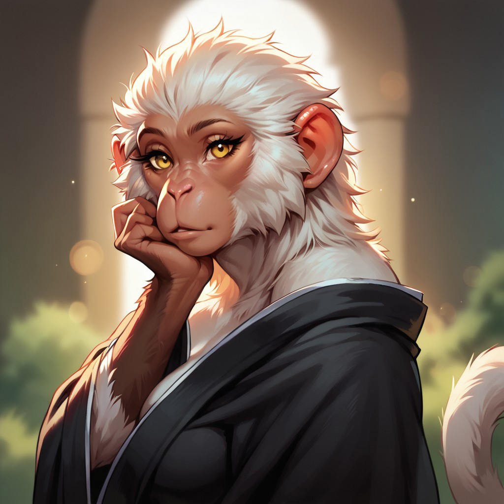 (((detailed, beautiful, high quality))), score_9, score_8_up, score_7_up, upper body,
hadozee, furry monkey, tail,
1girl, yellow eyes, dark skin, white fur, dark kimono,
looking at the viewer, posing, blurred background, blurred fantasy background,