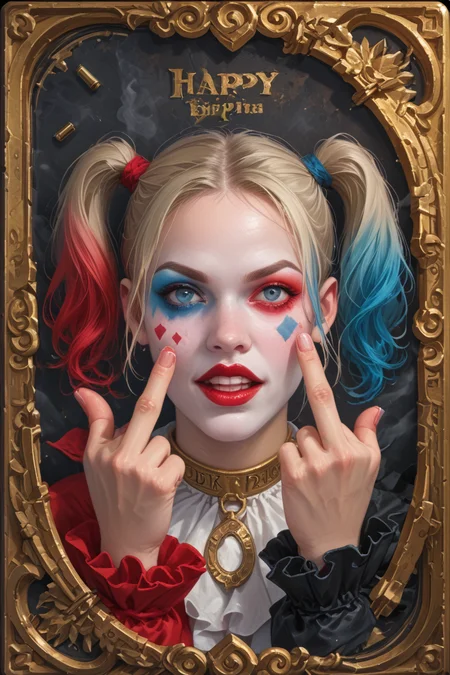 score_9,score_8_up,score_7_up,
hyper-detailed, masterpiece, best quality,realistic details,
cards, tarot, graphic frame, illustrative, obsidian, skeuomorphism, detailed, upper body, Harley Quinn from DC, colored smoke, guns, bullets, explosives, birthday firecrackers, middle finger,
<lora:sdxl_lightning_8step_lora:1>
<lora:DM_CB:1>
glowneon<lora:glowneon_xl_v1:1>
