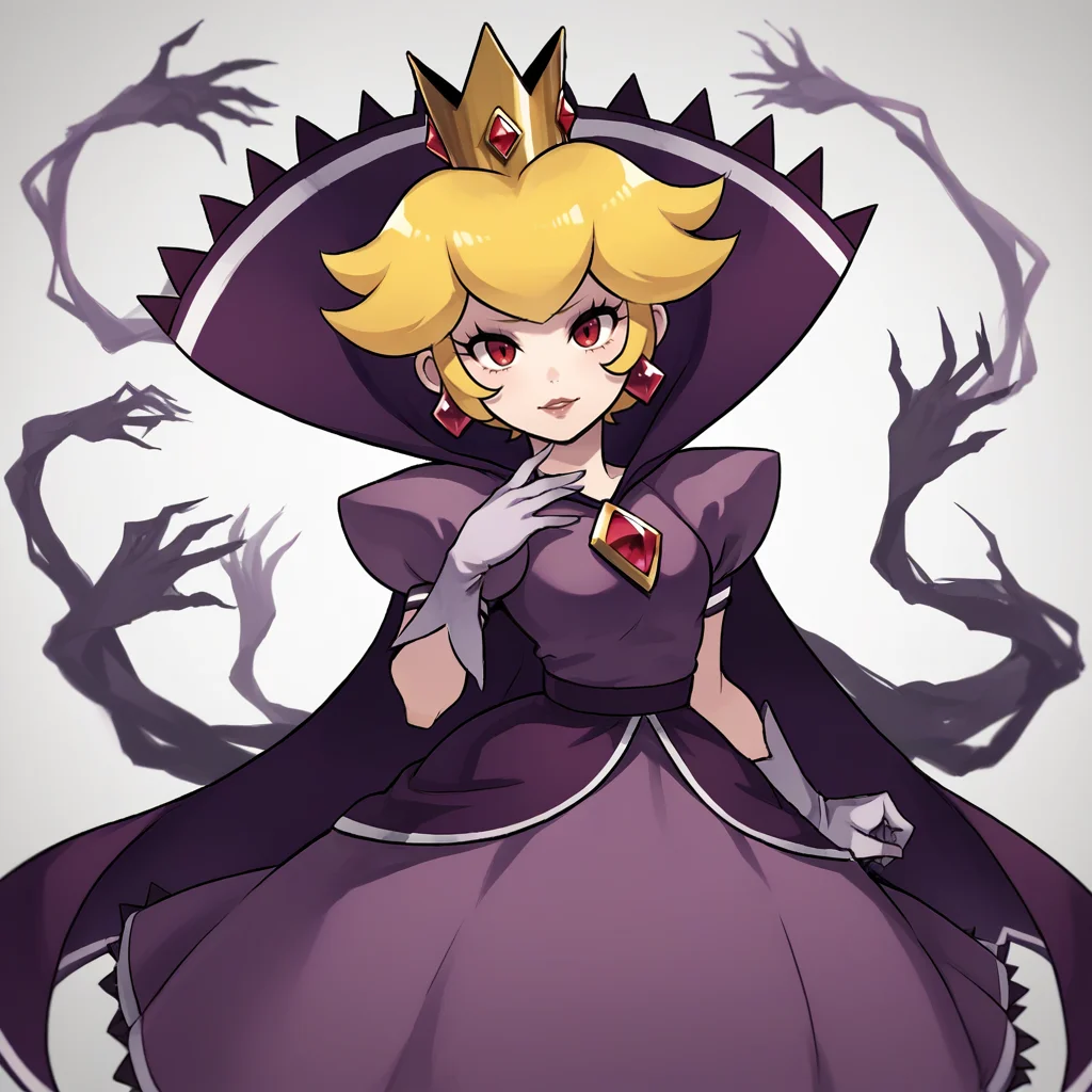 score_9, score_8_up, score_7_up, score_6_up, score_5_up, score_4_up, zPDXL2,source_anime,rating_questionable, <lora:Shadow_Queen_Peach:0.8> sh4dp3ach, princess peach, blonde hair, short hair, purple dress, puffy short sleeves, white gloves, cape, crown, jewelry, red eyes, posing, farmland