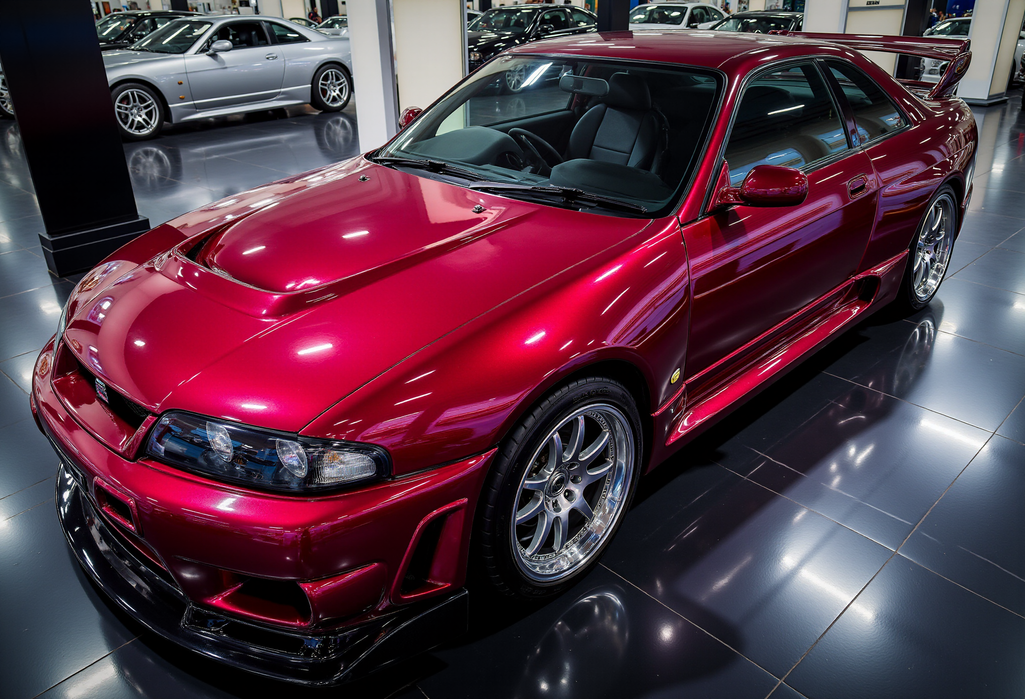 <lora:Nissan_Skyline_GT-R_R33:0.8>  A slightly from above eye level of a _color modified Nissan Skyline GT-R R33 in all its shining glory. Mirror-like, glossy finish, bright highlights, vibrant colors.
