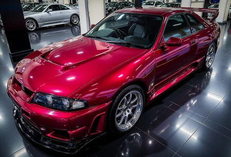 <lora:Nissan_Skyline_GT-R_R33:0.8> A slightly from above eye level of a _color modified Nissan Skyline GT-R R33 in all its shining glory. Mirror-like, glossy finish, bright highlights, vibrant colors.