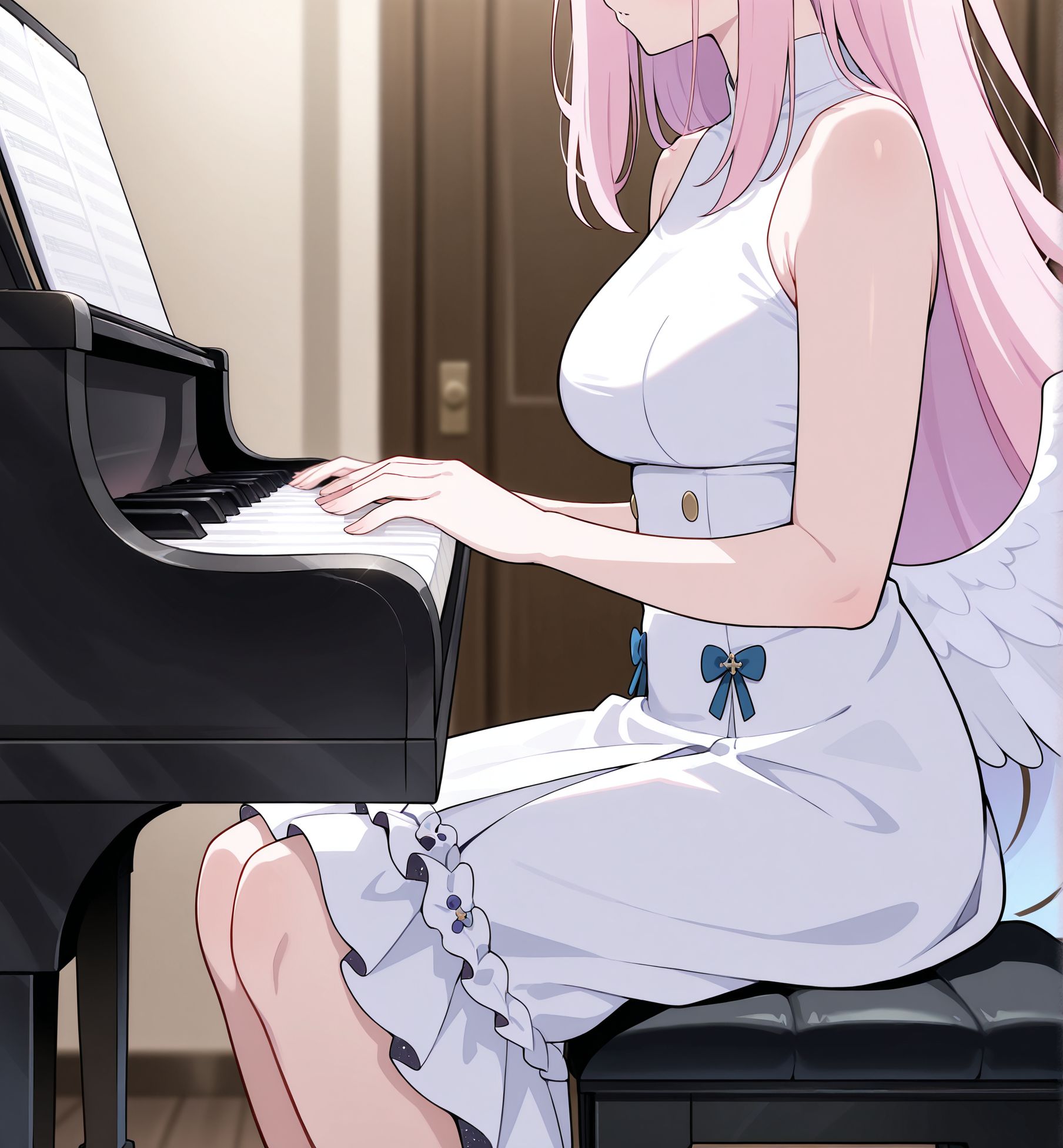 masterpiece, best quality, newest, absurdres, highres, detailed eyes, beautiful, detailed background, perfect eyes, anime coloring, anime screencap,
<lora:Erotic_Pianist:0.7> Erotic_ianistV1,
1girl,piano,instrument,breasts,
solo,sitting,piano bench, head out of frame,faceless female, 
play piano, hands on keyboard \(instrument\), from side, 
BREAK   
 white dress,
fat man,faceless male, blue_archive, mika (blue archive), blue archive,