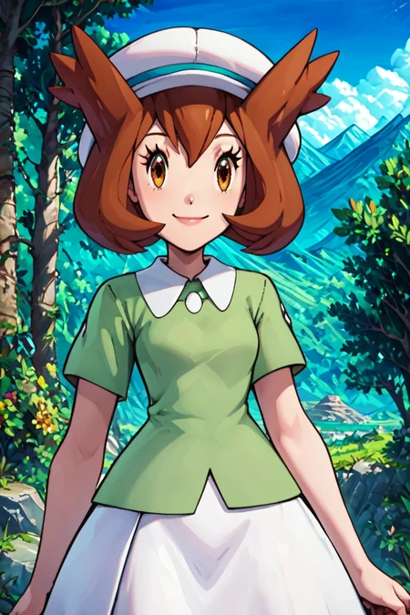 score_9, score_8_up, score_8, medium breasts, (curvy), cute, eyelashes, BREAK, , zzBianca, brown hair, brown eyes, medium hair, hair between eyes, short sleeves, green shirt, collared shirt, white hat, skirt, white skirt, <lora:Bianca_PokemonHeroes_PDXL_v2:0.7>,, BREAK, looking at viewer, smile, outdoors, sky, day, cloud, tree, blue sky, mountain, cowboy shot, ,,, embedding:zPDXL, Expressiveh, <lora:Alola_Style_PDXL:0.8>, <lora:CatalystStylePDXL:0.8>, <lora:Expressive_H-000001:0.4>,