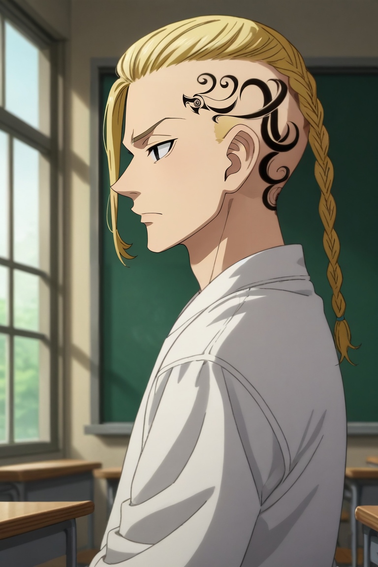score_9, score_8_up, score_7_up, source_anime, rating_safe, intricate details, anime screencap, anime coloring, , , depth of field, 1boy, solo, male focus, <lora:ken_ryuuguuji_pony:0.8>, ken_ryuuguuji, blonde hair, black eyes, braid, single braid, braided ponytail, tattoo, long hair, profile, classroom, night, crescent moon, arm at side, relaxed, , <lora:sdxl_lightning_8step_lora:1>