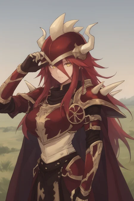 score_9, score_8_up, score_7_up, score_6_up, source_anime, BREAK, <lora:Gulcasa-000012:0.7> , guldef, (1boy), red hair, long hair, hair between eyes, yellow eyes, (armor), full armor, spikes, shoulder armor, one eye covered, horned helmet, spiked helmet, horned headwear, shoulder spikes, cape, red cape, pauldrons, gauntlets, (cowboy shot), looking at viewer, smile, closed mouth,  <lora:zy_Detailed_Backgrounds_v1:0.3> , detailed background, highly detailed, outdoor, river, meadow, plains,  <lora:OldAnimeStyle_PonyXL:0.6> , Vintage, 1990s \(style\),