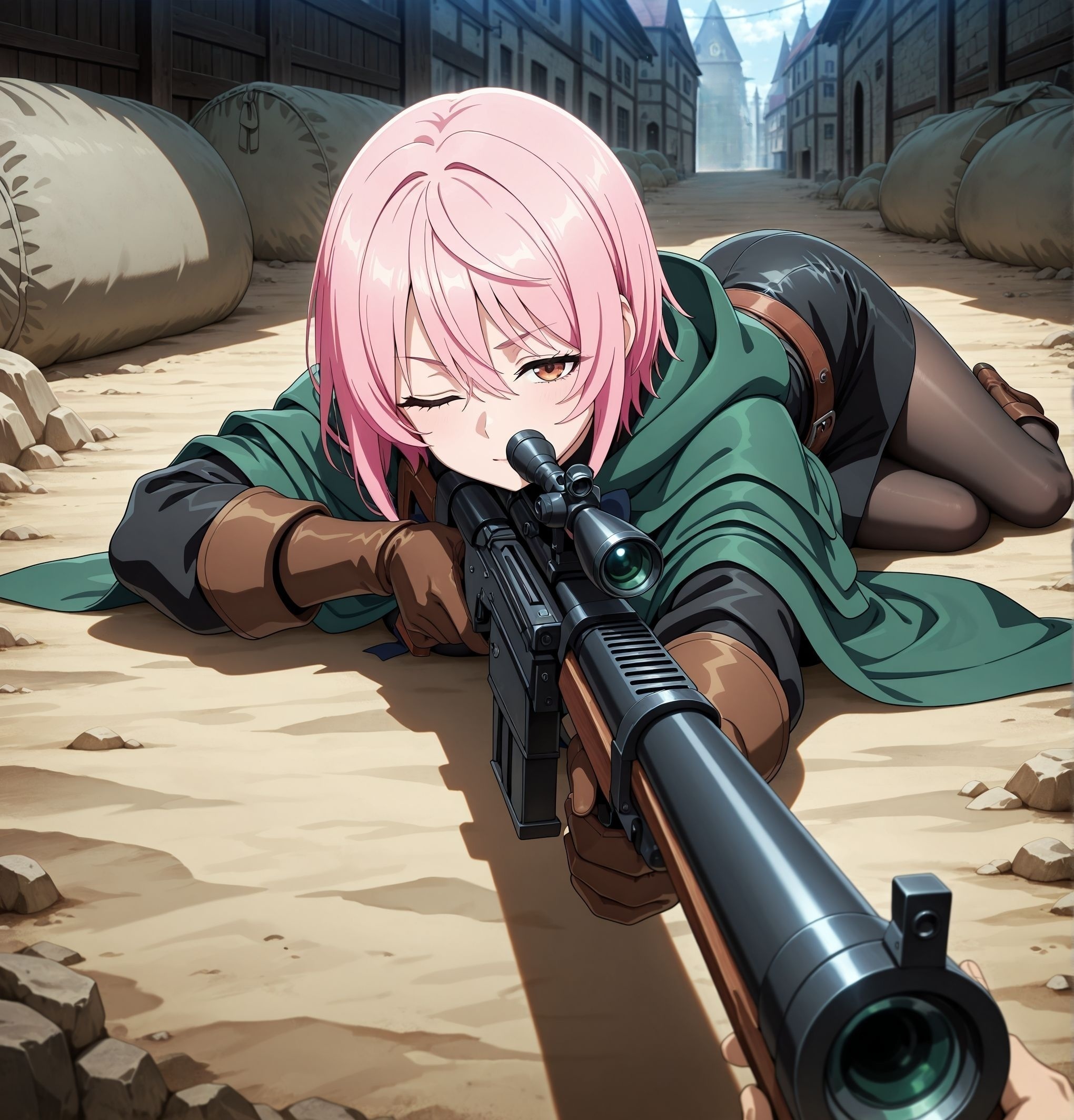 masterpiece,best quality,amazing quality,very aesthetic,absurdres,newest, huge filesize,
<lora:spo_sdxl_10ep_4k-data_lora_webui:0.5>,nageki no bourei wa intaishitai, official art, 
1girl, holding gun, sniper rifle, science fiction,  on stomach, aiming at viewer, solo focus,  solo,
one eye closed, half-closed eyes, arm on sandbag,
BREAK
pink hair,short hair,green cloak,
bow at the neck,black outfit,leather belt,
pouches,
 black pantyhose, 
confident expression,
medieval-inspired design,fantasy attire,
<lora:Let_This_Grieving_Soul_Retire_Sitri_SMART_IL:0.8>