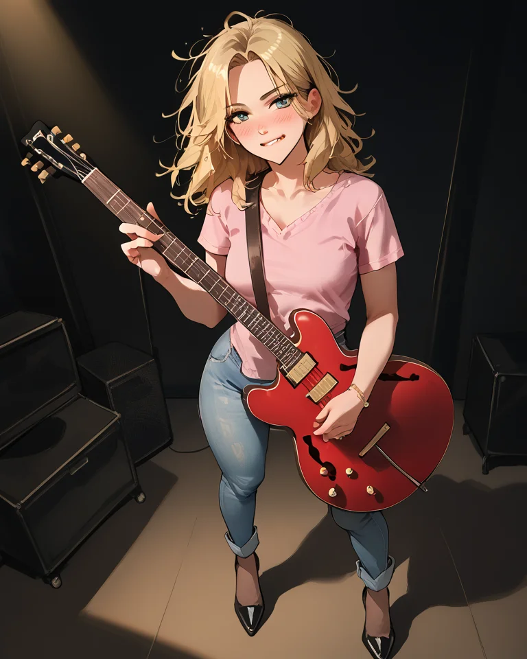 <lora:officialpit_v2-8:0.65>, score_9, score_8_up, score_7_up, incredible lighting, shadows, 8k, dark, night, backlit, <lora:LowReal_XL_Pony:0.8>, <lora:add-detail-xl:0.85>, 1girl, standing, blonde hair, messy hair, bangs, looking at viewer, biting lips, blushing, squinting, eyes slit, high heels, pink shirt, jeans, ((playing electric guitar)), f-hole electric guitar, <lora:es335-pony:0.75>,