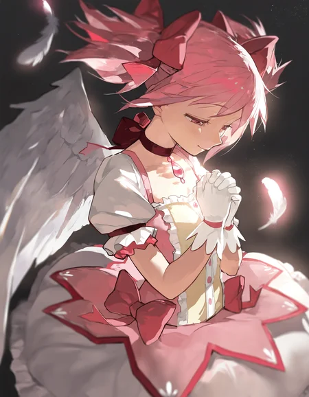 very awa, 1girl, kaname madoka \(magical girl\), kaname madoka, angel wings, praying, smile, half-closed eyes, close-up, blurry, cowboy shot, dark background, close-up, pink theme, glow, bloom, underlighting, feathers, light particles, [masterpiece:0.15], [best quality:0.15], [newest:0.15], [absurdres:0.15] <lora:stylelora-000010:1>