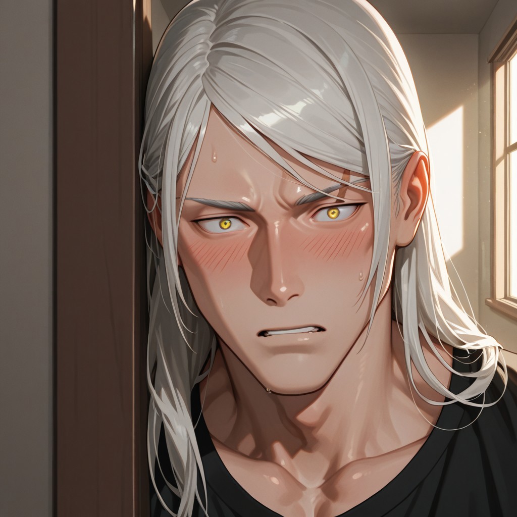 masterpiece, best quality, amazing quality, absurdres, newest, detailed background, definition so sharp, Ultra-HD, 8K cinematic, very awa, impressionate, amazing quality, highres, 
solo, male focus, manly, shadow, shiny skin, mature male, extream close-up, soft coloring,
mitsuhisahachiya, mitsuhisa_grey hair, mitsuhisa_yellow eyes, 1boy, long hair, scar across eyebrow, lewd, nsfw, voyeurism, caught_in_the_act, peeking, window_view, exposed_from_behind, surprised, shocked_expression, masturbating, public_sex, hiding, blushing, unaware_of_viewer, private_moment