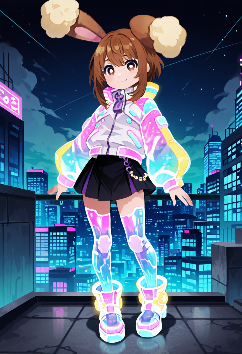 masterpiece, best quality, no humans,   smile,   [Cyber Glam Rooftop Party], zzBuneary, brown hair, fluffy ears, round eyes, fur details, pastel pink, futuristic aesthetic, 1girl, solo, neon jacket, holographic leggings, metallic boots, high-tech accessories, digital holograms, city skyline, glowing lights â zzBuneary stands tall on a rooftop overlooking the city, bathed in neon hues. Her fluffy ears twitch as the city hums with the pulse of techno beats, and her holographic leggings shimmer under the moonlight. She strikes a dynamic pose, her metallic boots planted firmly on the ground, as digital holograms swirl around her, enhancing the futuristic, high-energy vibe of the scene.    <lora:BunearyPokedex_IXL:1.0>,  C0utur3Cr4z3, <lora:CoutureCraze_IXL:0.6>,