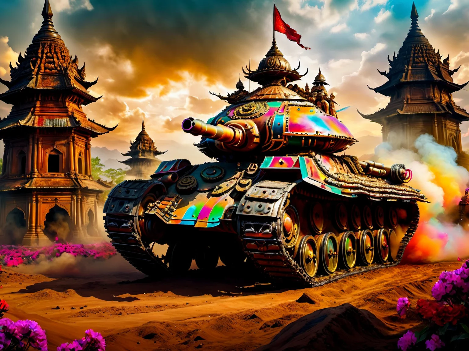 <lora:CulturePunkAI_1Pruned:.9> JavaPunkAI tank (Highly detailed, amazing fantasy setting), (Impressive lighting), (Colorful, Ultra Realistic, High quality, Highly detailed, Sharp focus, 8K UHD, Art photography), (trending on artstation)