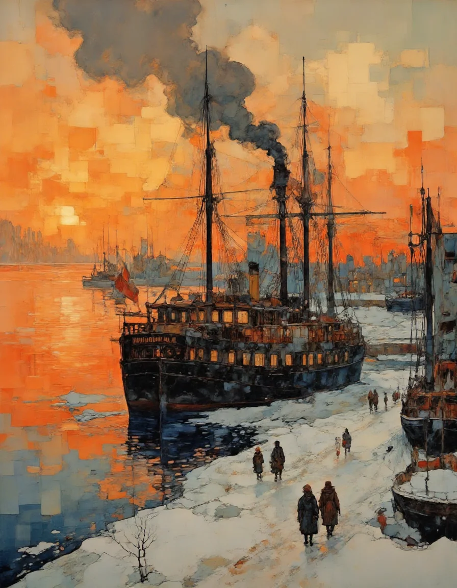 A digital painting depicting a historical maritime scene set at dusk. The sky is ablaze with a fiery orange and yellow glow, reflecting off the calm waters below. A large, dark steamship named "JEANNE D'ARC" dominates the left side of the image. The ship is emitting thick black smoke from its chimney, adding to the dramatic atmosphere. The ship's decks are lit with warm yellow lights, casting a soft glow onto the water.
On the right side of the image, a smaller, elegant sailing ship is docked. The ship has multiple masts and sails, with the rigging and sails adorned with red and white flags, adding a splash of color to the scene. Several figures, dressed in period clothing including long coats, hats, and scarves, are walking along the icy, snow-covered ground, with the snow and ice patches visible in the foreground.
The background features more ships and docks, with a few figures walking or standing on the decks. The overall color palette is dominated by warm earth tones, with highlights of the ships' colors contrasting against the muted tones of the snow and ice. The painting captures a sense of historical grandeur and the beauty of a winter sunset.