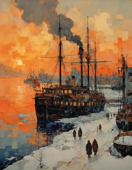 A digital painting depicting a historical maritime scene set at dusk. The sky is ablaze with a fiery orange and yellow glow, reflecting off the calm waters below. A large, dark steamship named "JEANNE D'ARC" dominates the left side of the image. The ship is emitting thick black smoke from its chimney, adding to the dramatic atmosphere. The ship's decks are lit with warm yellow lights, casting a soft glow onto the water.
On the right side of the image, a smaller, elegant sailing ship is docked. The ship has multiple masts and sails, with the rigging and sails adorned with red and white flags, adding a splash of color to the scene. Several figures, dressed in period clothing including long coats, hats, and scarves, are walking along the icy, snow-covered ground, with the snow and ice patches visible in the foreground.
The background features more ships and docks, with a few figures walking or standing on the decks. The overall color palette is dominated by warm earth tones, with highlights of the ships' colors contrasting against the muted tones of the snow and ice. The painting captures a sense of historical grandeur and the beauty of a winter sunset.