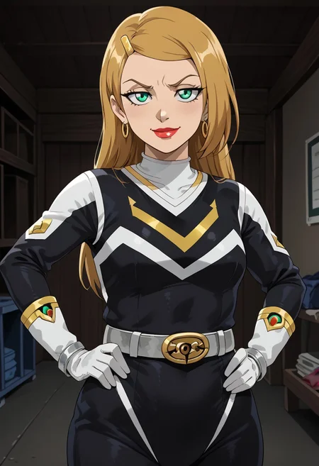 score_9, score_8_up, score_7_up, BREAK,
1girl, solo, Sarah, green eyes, blonde hair, long hair, hairclip, earrings, lipstick, muscular, medium breasts, narrow waist, wide hips, sentaisaintforce, black bodysuit, silver belt, white gloves, spandex, m-shaped chest symbol, helmet removed, no headwear,BREAK,
cowboy shot, smug, half-closed eyes, standing, hand on hip, indoors, garage, night,