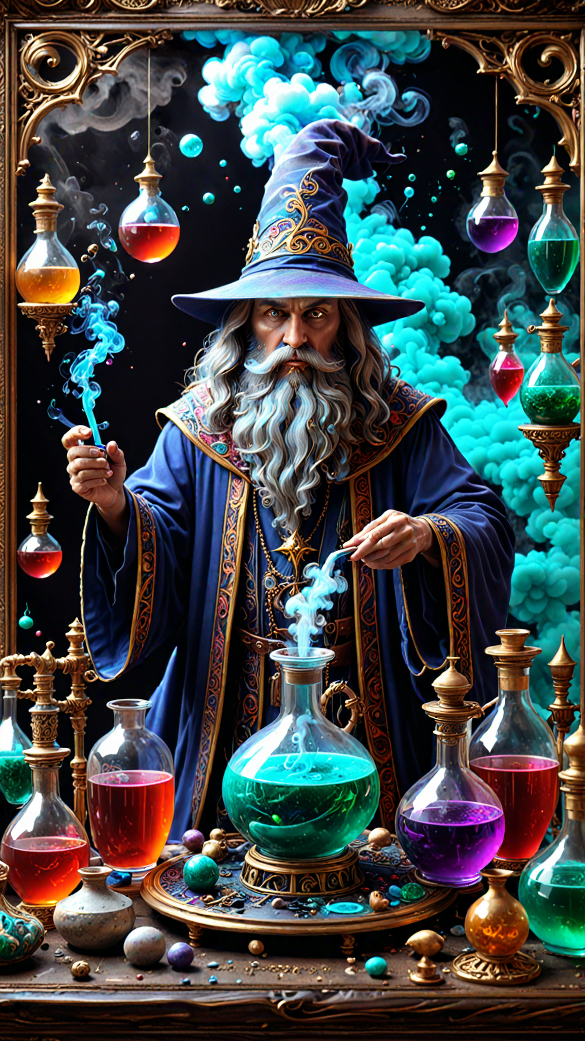 Ethereal fantasy concept art of a Wizard brewing potions, magnificent, celestial, ethereal, painterly, epic, majestic, magical, fantasy art, cover art, dreamy, insanely detailed and intricate, hyper maximalist, elegant, hyper realistic, super detailed, vivid colours, ornate, dynamic, articulate, 8K, <lora:3D_Framed_Wall_Art_-_By_DICE:0.6>, (Framed 3D, Magic), EPIC, high budget Hollywood movie, volumetric, Painstaking Attention To Detail, Vaporizer, Enhanced 3D Smoke Metrics, Depth pad 7, Event Horizion, Embedded Paisley, Foam Tipping, , Hendra Data, Pandora Palette, Epic, UHD