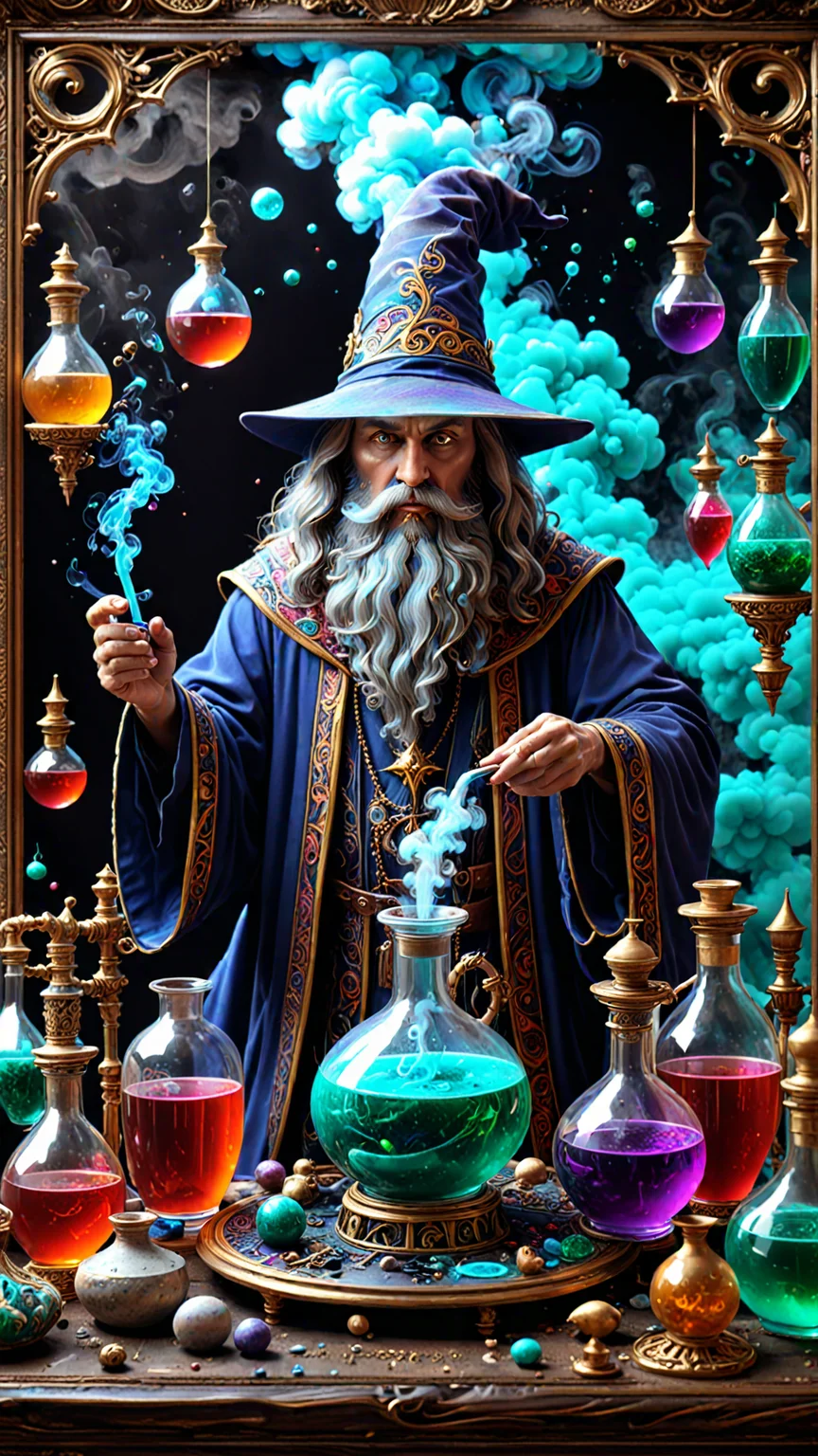 Ethereal fantasy concept art of a Wizard brewing potions, magnificent, celestial, ethereal, painterly, epic, majestic, magical, fantasy art, cover art, dreamy, insanely detailed and intricate, hyper maximalist, elegant, hyper realistic, super detailed, vivid colours, ornate, dynamic, articulate, 8K, <lora:3D_Framed_Wall_Art_-_By_DICE:0.6>, (Framed 3D, Magic), EPIC, high budget Hollywood movie, volumetric, Painstaking Attention To Detail, Vaporizer, Enhanced 3D Smoke Metrics, Depth pad 7, Event Horizion, Embedded Paisley, Foam Tipping, , Hendra Data, Pandora Palette, Epic, UHD