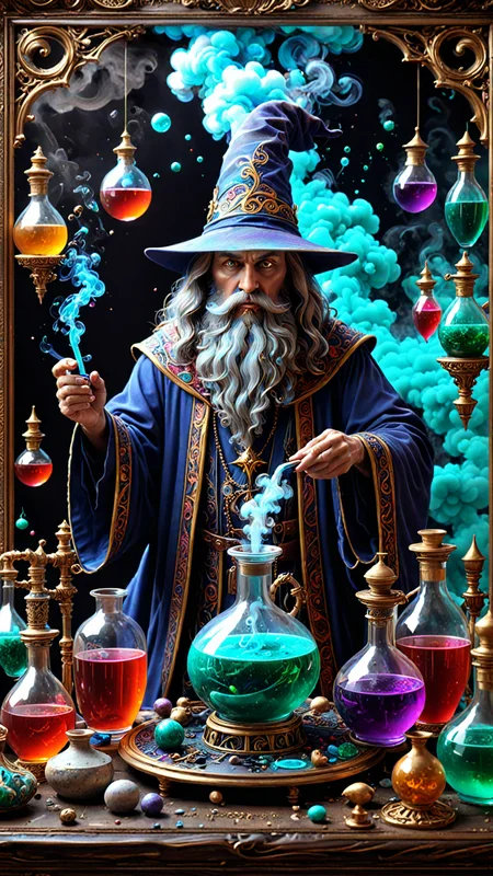Ethereal fantasy concept art of a Wizard brewing potions, magnificent, celestial, ethereal, painterly, epic, majestic, magical, fantasy art, cover art, dreamy, insanely detailed and intricate, hyper maximalist, elegant, hyper realistic, super detailed, vivid colours, ornate, dynamic, articulate, 8K, <lora:3D_Framed_Wall_Art_-_By_DICE:0.6>, (Framed 3D, Magic), EPIC, high budget Hollywood movie, volumetric, Painstaking Attention To Detail, Vaporizer, Enhanced 3D Smoke Metrics, Depth pad 7, Event Horizion, Embedded Paisley, Foam Tipping, , Hendra Data, Pandora Palette, Epic, UHD