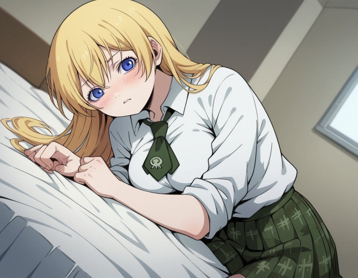 score_9, score_8_up, score_7_up, source_anime,
btooomhimiko, <lora:btooom-himiko-s1-ponyxl-lora-nochekaiser:1>,
himiko, long hair, blue eyes, blonde hair, large breasts,
skirt, shirt, school uniform, white shirt, pleated skirt, necktie, plaid, plaid skirt, sleeves rolled up,
indoors, bed, bed room, on side, blush, drunk,
looking at viewer, cowboy shot, solo, dutch angle