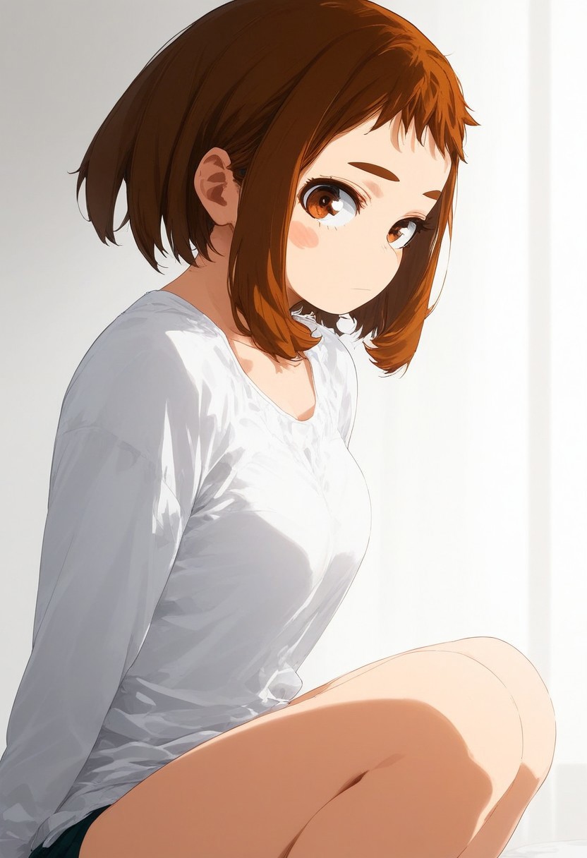 flatshinyskin, score_9, score_8_up, score_7_up , Ochako Uraraka (prBl, 1girl, solo, short hair, brown hair, brown eyes))  , MANGASTYLE, Sitting, on knees, seductive pose, breasts, solo, 1girl, looking at viewer, side angle, side portrait, facing viewer, hands behind back, kneeling down