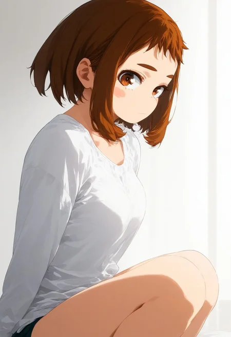 flatshinyskin, score_9, score_8_up, score_7_up , Ochako Uraraka (prBl, 1girl, solo, short hair, brown hair, brown eyes)) , MANGASTYLE, Sitting, on knees, seductive pose, breasts, solo, 1girl, looking at viewer, side angle, side portrait, facing viewer, hands behind back, kneeling down