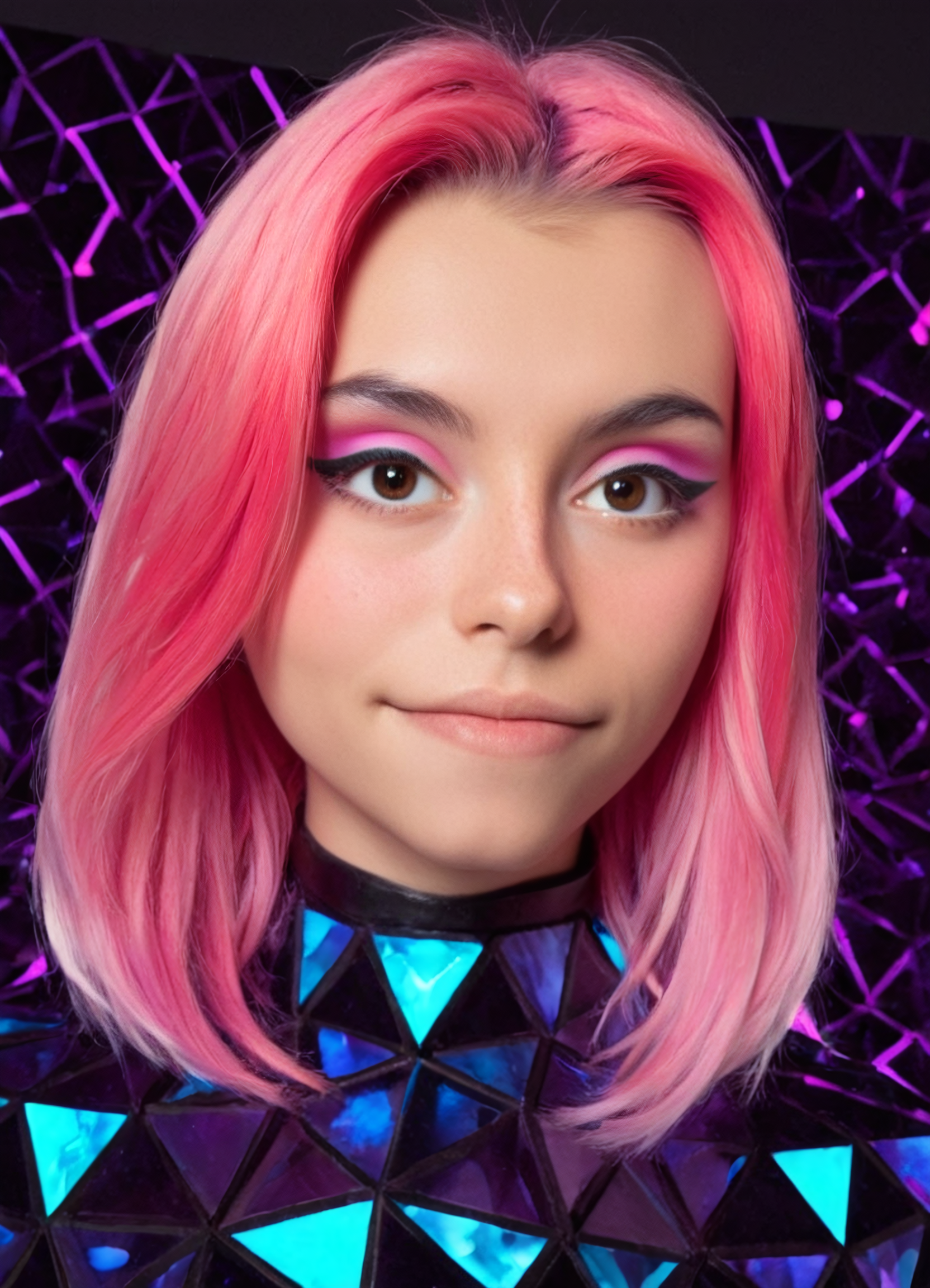 mentaldora, 1girl, brown eyes, dreamy expression, photo of a cute girl, soft smile light pink hair, two tone hair, eyeliner, close portrait, shardborn dancer framed in kaleidoscope, sci-fi warrior with gem-like armor, neon glow reflection, kaleidoglass, holographic facets, neon chromatic depth, angular geometry, refracted jewel tones, neon crystal texture, diamond grid, polygon temple bathed in refracted light <lora:neoncolors2_lora_f16:0.6000000000000001> <lora:mentaldora_v2:1.0000000000000002> <lora:kaleidoglass_v2_epoch_10:1.0000000000000002>
