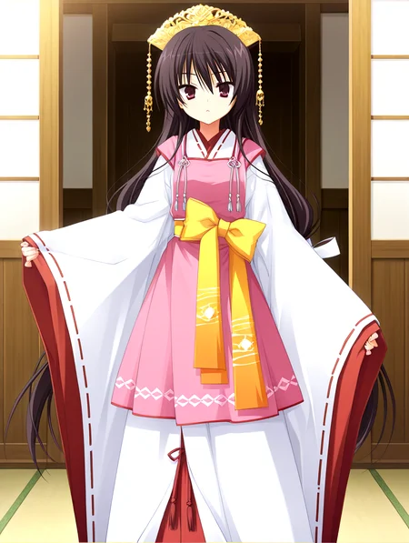 masterpiece,best quality,newest,absurdres,highres,detailed eyes,beautiful,detailed background,solo,perfect eyes,anime coloring,full_shot,anime screencap,
nsfw,explicit,<lora:add-detail-xl:1>,<lora:ponyv4_noob1_2_adamW-000017:0.8>,wear clothes,
1girl,
looking at viewer,standing,
<lora:il-unohana-sakuya-KAMI:1>,il-unohana-sakuya,1girl,ukami outfit,solo,very long hair,wearing a pure white furisode kimono with long flowing sleeves and a floor-length hem,layered with red and pink fabrics,a pink upper long apron integrated into the outfit,shrine maiden ceremonial outfit,golden headdress,yellow bow on waist,elegant white gown with a trailing hem,a ceremonial deep red pleated inner garment trailing beneath the outer white kimono,