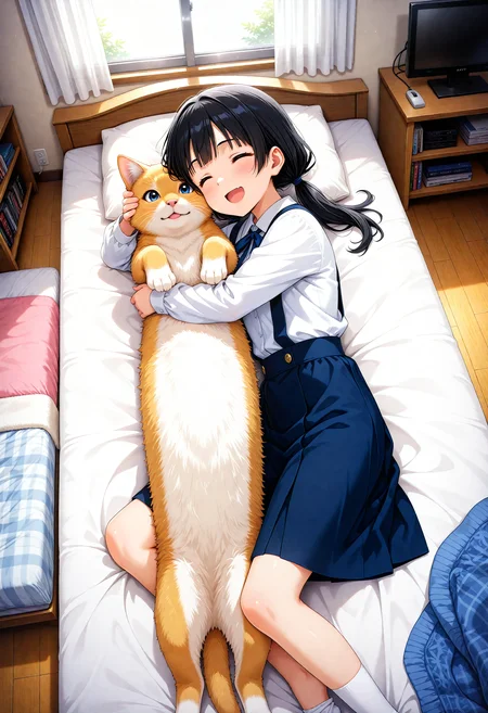 masterpiece, best quality, high quality, highres, absurdres, insanely detailed, amazing quality, very aesthetic, newest, Anime screencap, zPDXL3, sfw,
<lora:Hyper-SDXL-8steps-lora:1>, <lora:StS-Illustrious-Detail-Slider-v1.0:3>, <lora:illustriousXL_stabilizer_v1.7:0.8>,
1girl, black hair, bangs, Straight bangs, blunt bangs, hime cut, long hair, straight hair, low twintails, long pigtails, hair tie,
dress, blue dress, white blouse, neck ribbon, bule ribbon, suspenders, suspender skirt, white socks,
indoor, Messy bedroom, messy room, bed, monitor, table, bookshelf, window, curtain, carpet, desk, chair, wooden floor, illumination,
on bed, lying, hug, happy, joy, on side,
<lora:concept_longcat_Illustrious_V2L:1> longcat \(meme\),