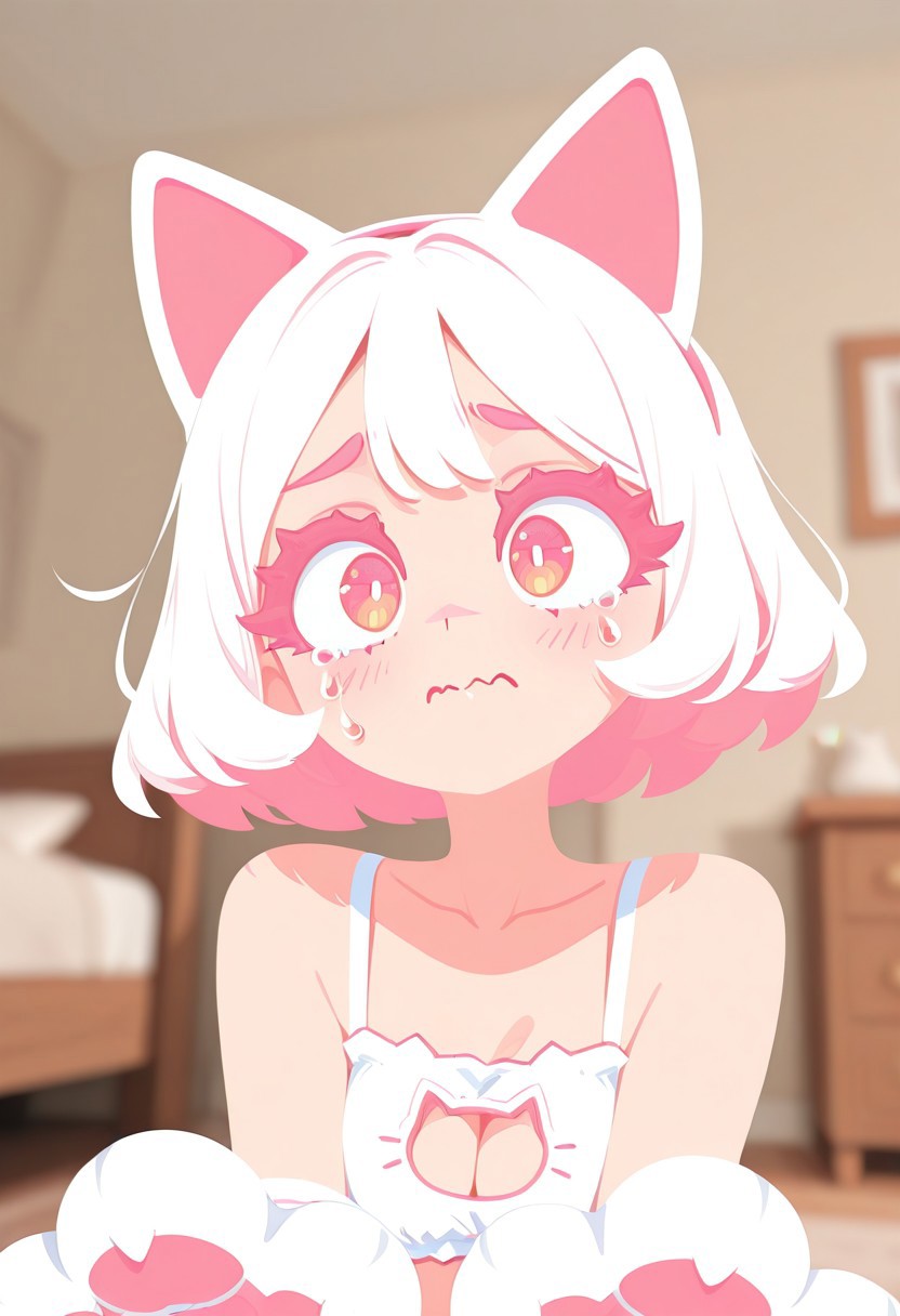 fabulosity_style, best quality, no lineart, no outline, flat color, blurry background, depth of field, thick eyelashes, 1girl, detailed eyes, cat bra, fake cat ears, teary eyes, wavy mouth, cat paws, bedroom