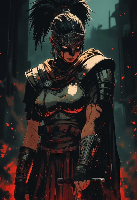 Female Roman soldier, war paint, face paint, eye black, glowing eyes, in profile, toned arms, braided hair, battle damaged armor, large breasts, breast plate, dark and moody background, adds a dramatic tone, subtle lighting reflections, ray traced, foreshortening, particle effect, Holding a sword,