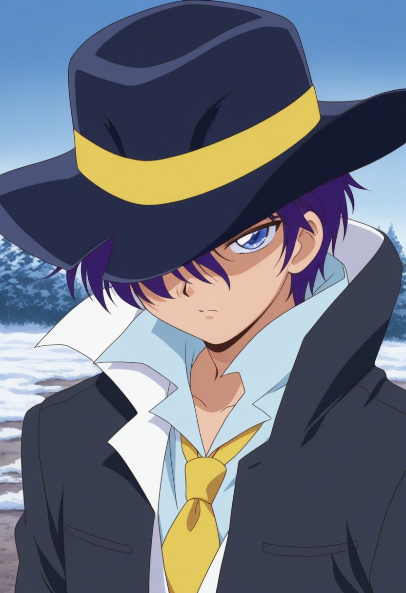 masterpiece,best quality,amazing quality, source_anime, retro artstyle,
sheido, 1boy, male focus, solo, blue eyes, purple hair, hat, black headwear, shirt, blue shirt, popped collar, necktie, yellow necktie, coat, black coat, hair over one eye, portrait,
outdoor,