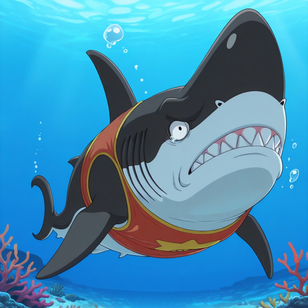 masterpiece, best quality, amazing quality, official style, m3g4lo, male, furry, solo, shark, black skin, white underbelly, two-tone skin, black eyes, nostrils, sharp teeth, fins, gills, tailfin, red tank top, frown, sad, full body, underwater, outdoors, ocean