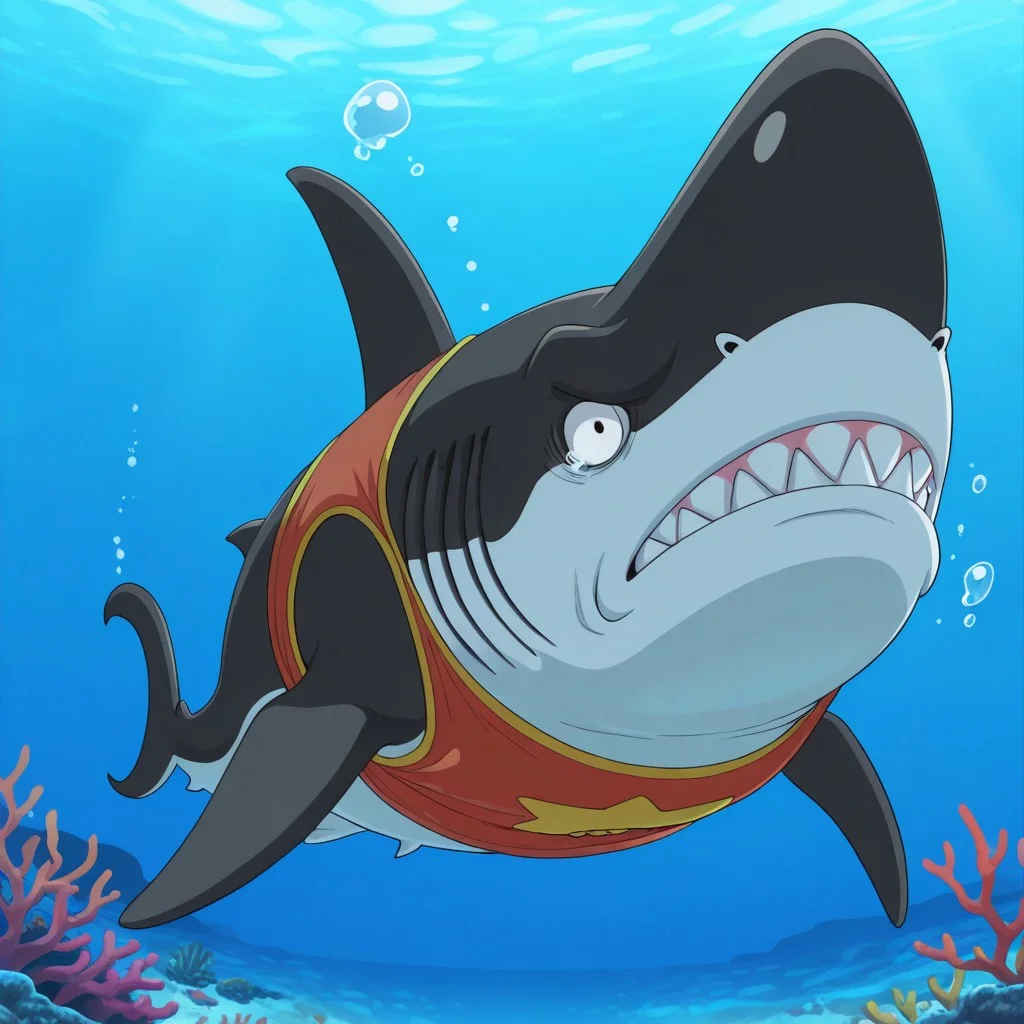 masterpiece, best quality, amazing quality, official style, m3g4lo, male, furry, solo, shark, black skin, white underbelly, two-tone skin, black eyes, nostrils, sharp teeth, fins, gills, tailfin, red tank top, frown, sad, full body, underwater, outdoors, ocean